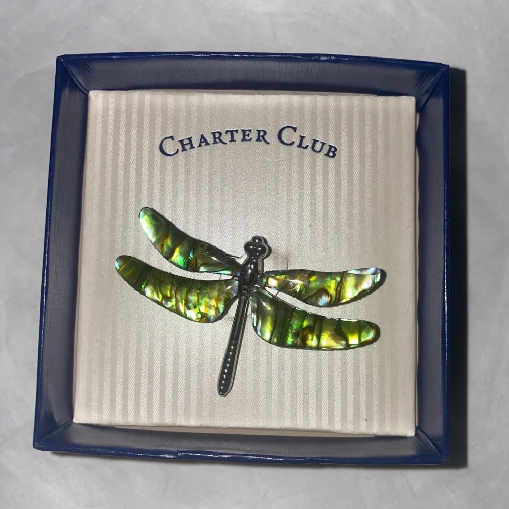 CHARTER CLUB Dragonfly Silvertone Green Rhinestone Brooch Pin $15 NIB